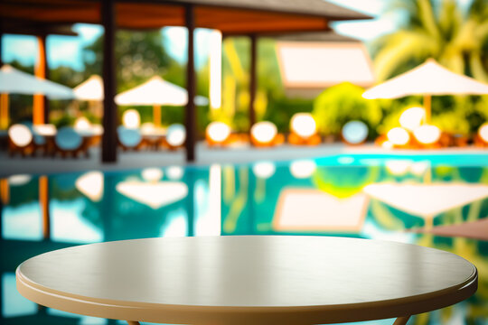 Table near blurred pool in resort of empty round wooden table near swimming pool in tropical resort. AI generated image.