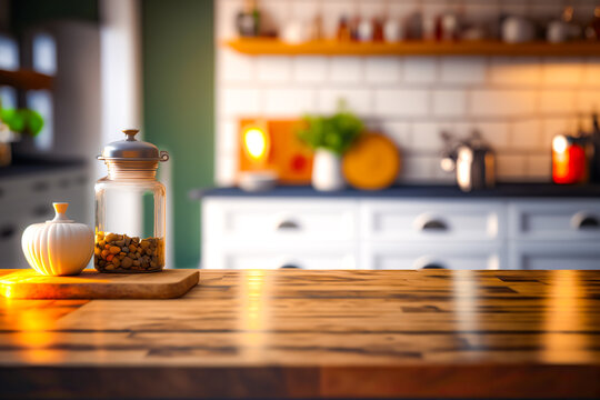 Kitchen counter at home of utensils placed on wooden counter in contemporary kitchen against blurred shelves at home. AI generated image.