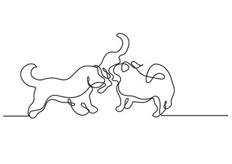 continuous line drawing vector illustration with FULLY EDITABLE STROKE of three dog playing