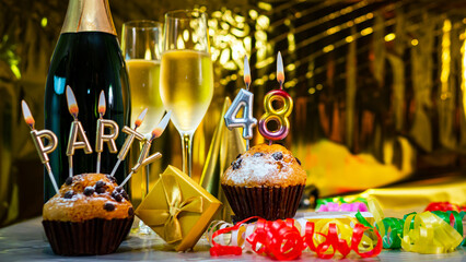 Happy birthday background with champagne glasses with number cake  48. Beautiful birthday card with...