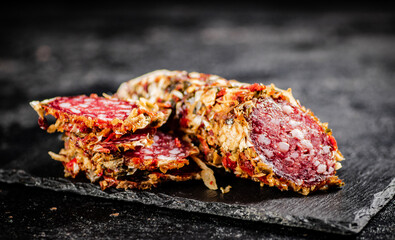Sliced salami sausage. On a black background.