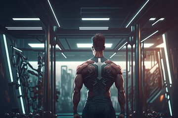 Fototapeta na wymiar Man stands in a futuristic and innovative gym. Generative AI 
