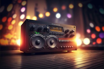 Fototapeta premium Ilustration of Music reproductor portable with speakers on stage background. Generative AI