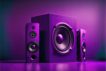 Illustration of purple studio background with Music reproductor portable. Generative AI