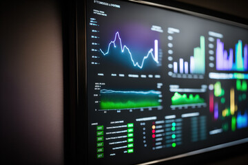 A close-up of a touchscreen display featuring a virtual financial dashboard with real-time data, generative ai