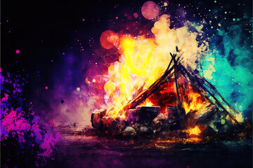 The Heat of the Night: A Burning Campfire in the Wilderness - Perfect for Design and Webpage Use