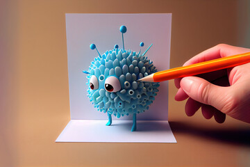 Draw a three-dimensional coronavirus with a pencil.