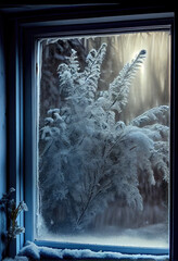 Plants covered with snow outside the window in winter.