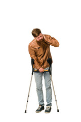 Adult man with crutches full body isolated