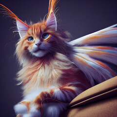 Cute fantasy long haired orange calico cat with feathery wings and tufted ears - obrazy, fototapety, plakaty