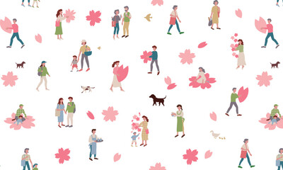 桜の花と楽しんでいる人物、親子や男性、女性スイーツなどのシームレスベクターイラスト素材 Seamless vector illustration of a person enjoying cherry blossoms, parents and children, men and women sweets.  © Miyata illustrations