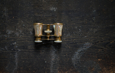 Brass and pearl vintage opera glasses on distressed wood