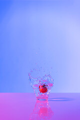 Strawberry drink explosion with purple and lilac lights in studio