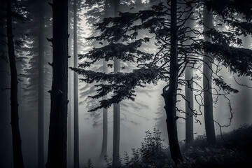 Misty morning in a black and grey foggy forest, generative AI