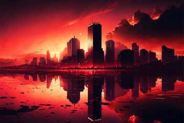 Fototapeta na wymiar Vibrant Red Cityscape Sunset, generative AI