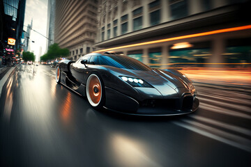 Supercar driving fast in the city blurred background, ai generative illustration.
