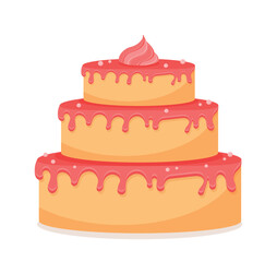 Pink cake icon. Sticker for social networks and messengers. Symbol of holidays and festivals. Wedding, New Year and Christmas. Greeting or invitation postcard design. Cartoon flat vector illustration