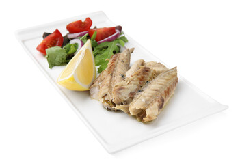 Plate with delicious canned mackerel fillets, lemon and salad on white background, closeup