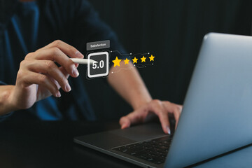 Businessmen choosing on the  icon to give satisfaction in service, Customer service and Satisfaction concept, rating very impressed. review, feedback, best quality, good mood.