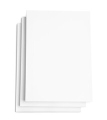 Stack of paper sheets on white background, top view
