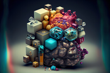 Abstract object made of three-dimensional objects of different shapes and colors
