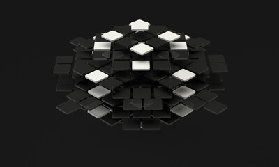 A black and white pattern of geometric shapes. 3d rendering of cubes in a chaotic manner. Abstraction on the topic of the Internet, web, design and structure. Modern minimal style.