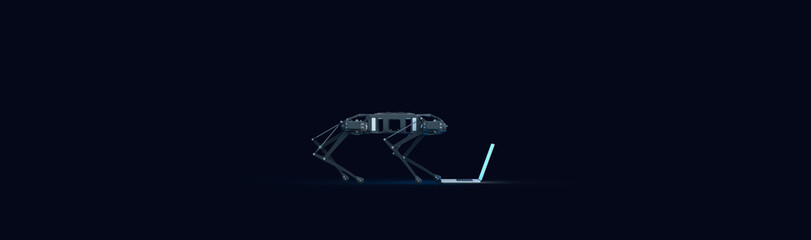 Fototapeta premium The robot dog looks at the laptop screen. 3d rendering on the topic of computers, laptops, technologies, engineering and development. Modern minimal style. Dark background.