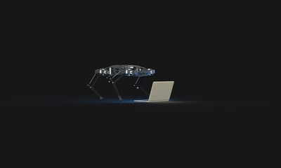 The robot dog looks at the laptop screen. 3d rendering on the topic of computers, laptops, technologies, engineering and development. Modern minimal style. Dark background.