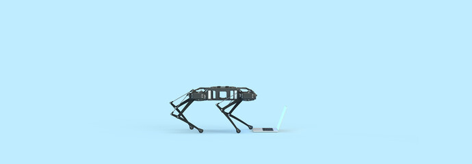 The robot dog looks at the laptop screen. 3d rendering on the topic of computers, laptops, technologies, engineering and development. Modern minimal style. Blue background.