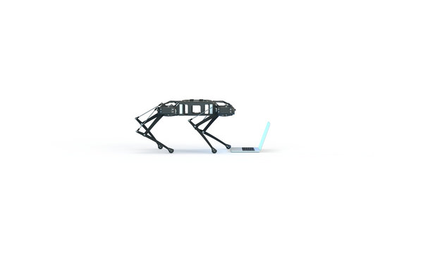 The robot dog looks at the laptop screen. 3d rendering on the topic of computers, laptops, technologies, engineering and development. Modern minimal style. Transparent background.