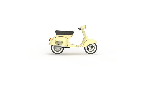 Vespa scooter, 3d rendering. Classic design, vintage minimal style. Transparent background. Side view.