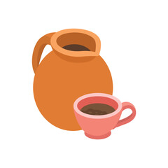 Teapot and cup minimalist graphic illustration. coffee is poured from the pitcher into the cup