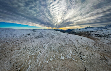 Snowdonia, Wales (UK), Winter 2023. Aerial landscapes of snow and mountains.