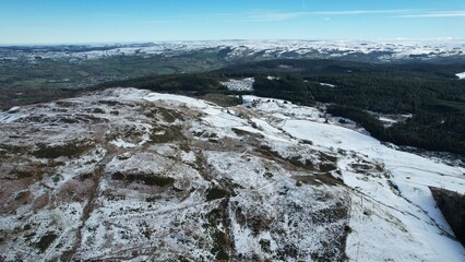 Snowdonia, Wales (UK), Winter 2023. Aerial landscapes of snow and mountains.