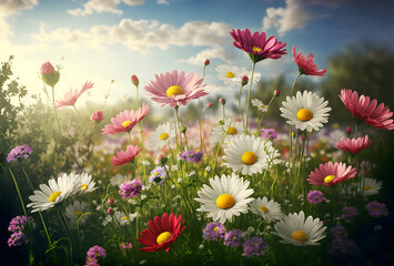 Meadow with lots of white and pink spring daisy flowers and yellow dandelions in sunny day - obrazy, fototapety, plakaty