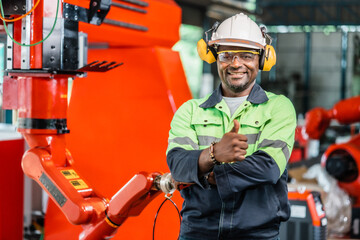 African American factory worker working with adept robotic arm in a workshop . Industry robot programming software for automated manufacturing technology .