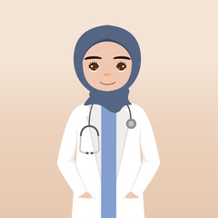 Front view hijab doctor character. Doctor character creation face emotions, pose and gesture. Cartoon style, flat vector illustration.Female hijab doctor finger pointing up, holding clipboard.