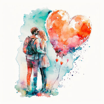 Couple in love hugging and kissing, Watercolor illustration of kissing and hugging couple surrounded by balloons, hearts. Romantic date. Young love Valentine's day. Generative Ai Technology