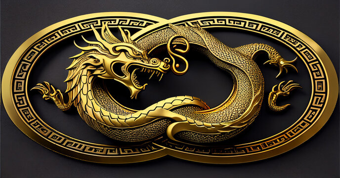 Oriental Dragon swallowing its tail in a Gold / Silver Yin-Yang symbol. AI rendered image.