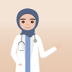 Front view hijab doctor character. Doctor character creation face emotions, pose and gesture. Cartoon style, flat vector illustration.Female hijab doctor finger pointing up, holding clipboard.