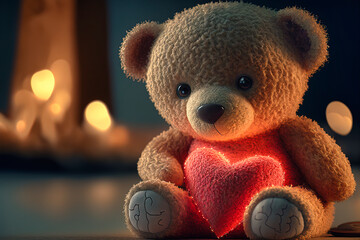 Teddy bear with a valentine glowing red heart, generative AI