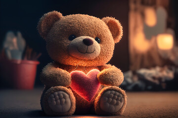 Teddy bear with a valentine glowing red heart, generative AI