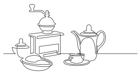 continuous line drawing vector illustration with FULLY EDITABLE STROKE of coffee grinder jar breakfast and cup of coffee