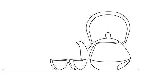 continuous line drawing vector illustration with FULLY EDITABLE STROKE of oriental style tea pot with cups