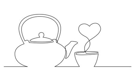 continuous line drawing vector illustration with FULLY EDITABLE STROKE of tea kettle and cup of tea with heart shape vapor