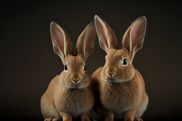 Fluffy brown Easter bunnies for a cool post or a card, AI Generative art.