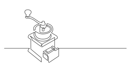 continuous line drawing vector illustration with FULLY EDITABLE STROKE of vintage manual coffee grinder
