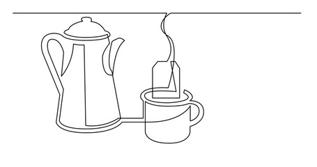 contiuous line drawing of tea pot tea bag and mug