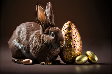 Fototapeta na wymiar Fluffy brown colored Easter bunny with intricate detailed Golden chocolate eggs, AI Generative art.