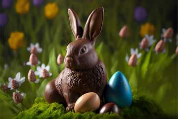 Fototapeta na wymiar Easter Bunnies and Easter Eggs in an beautiful colourful AI Generative Scene.